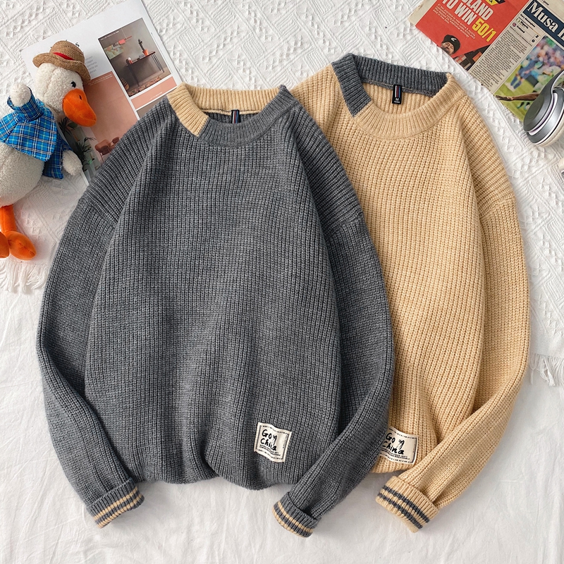 Korean Style Thicken Men Round Collar Pullover Sweater Fashion Solid Color Thicken Warm Knitted Harajuku Male Sweaters Clothes